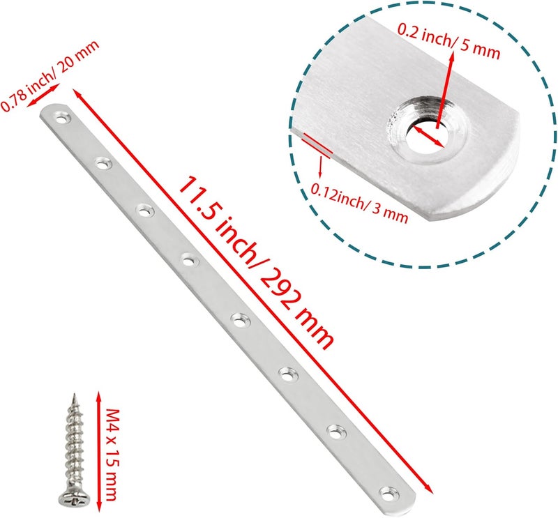 AUXBC 11.5 Inch Stainless Steel Straight Brace, Flat Straight Support, Repair Fixed Bracket Connector, Heavy Duty Furniture Repair Fixing Joint with Screw, 2PCS - Image 2